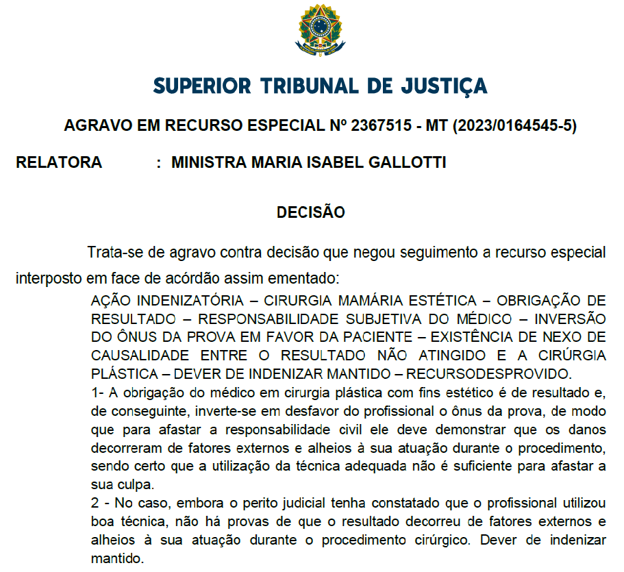 RESPONSABILIDADE OBJETIVA EM CIRURGIA PLÁSTICA ESTÉTICA: O ENFOQUE DO STJ