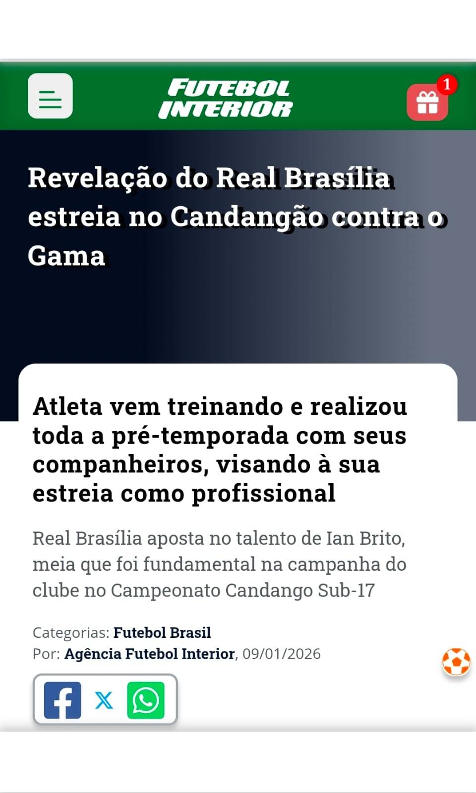 Revelação do Real Brasília estreia no Candangão contra o Gama