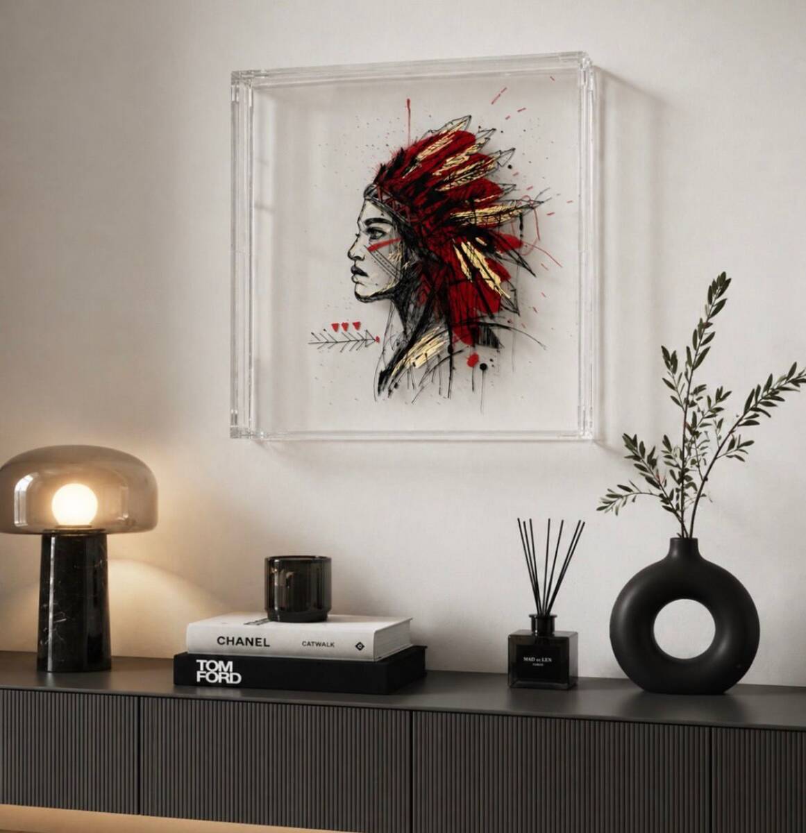 Arte Indígena na Caixa de Acrílico - 50x50 cm - Foto 1