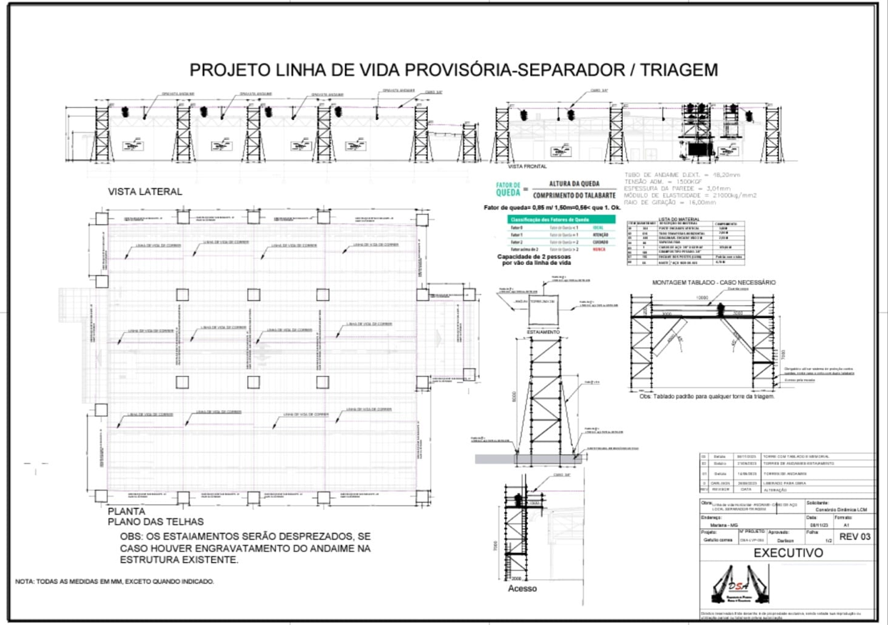 Torre de andaime com linha de vida