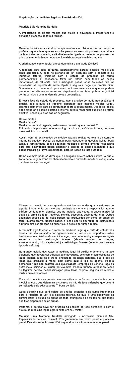 A aplicação da medicina legal no Plenário do Júri.