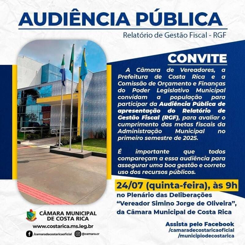 Audiência Pública dia 24 em Costa Rica discute Relatório de Gestão Fiscal do 1º Semestre