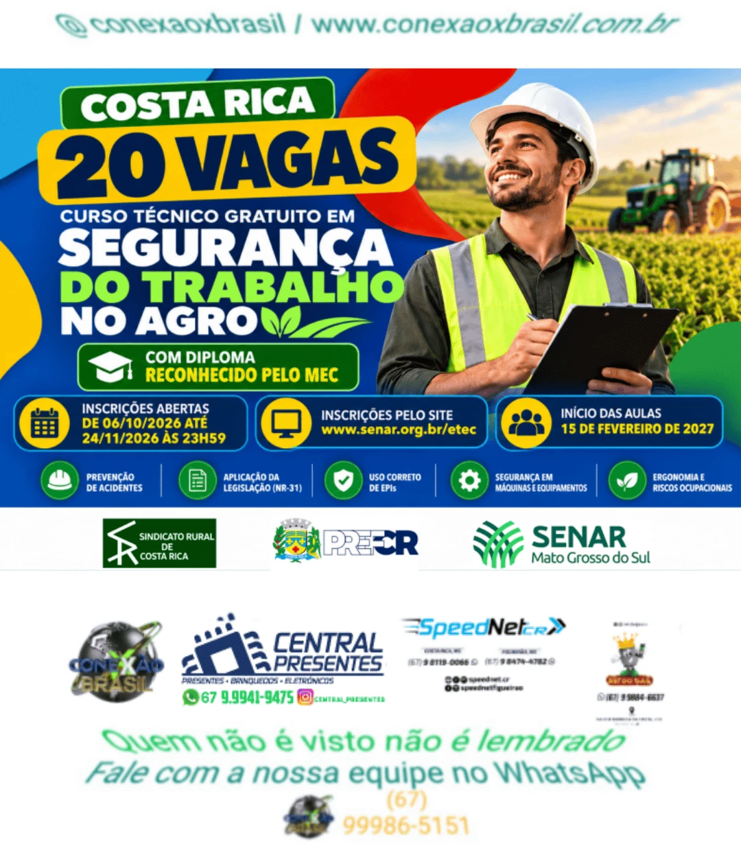 Costa Rica abre 20 vagas para curso técnico gratuito em Segurança do Trabalho no Agro com diploma reconhecido pelo MEC