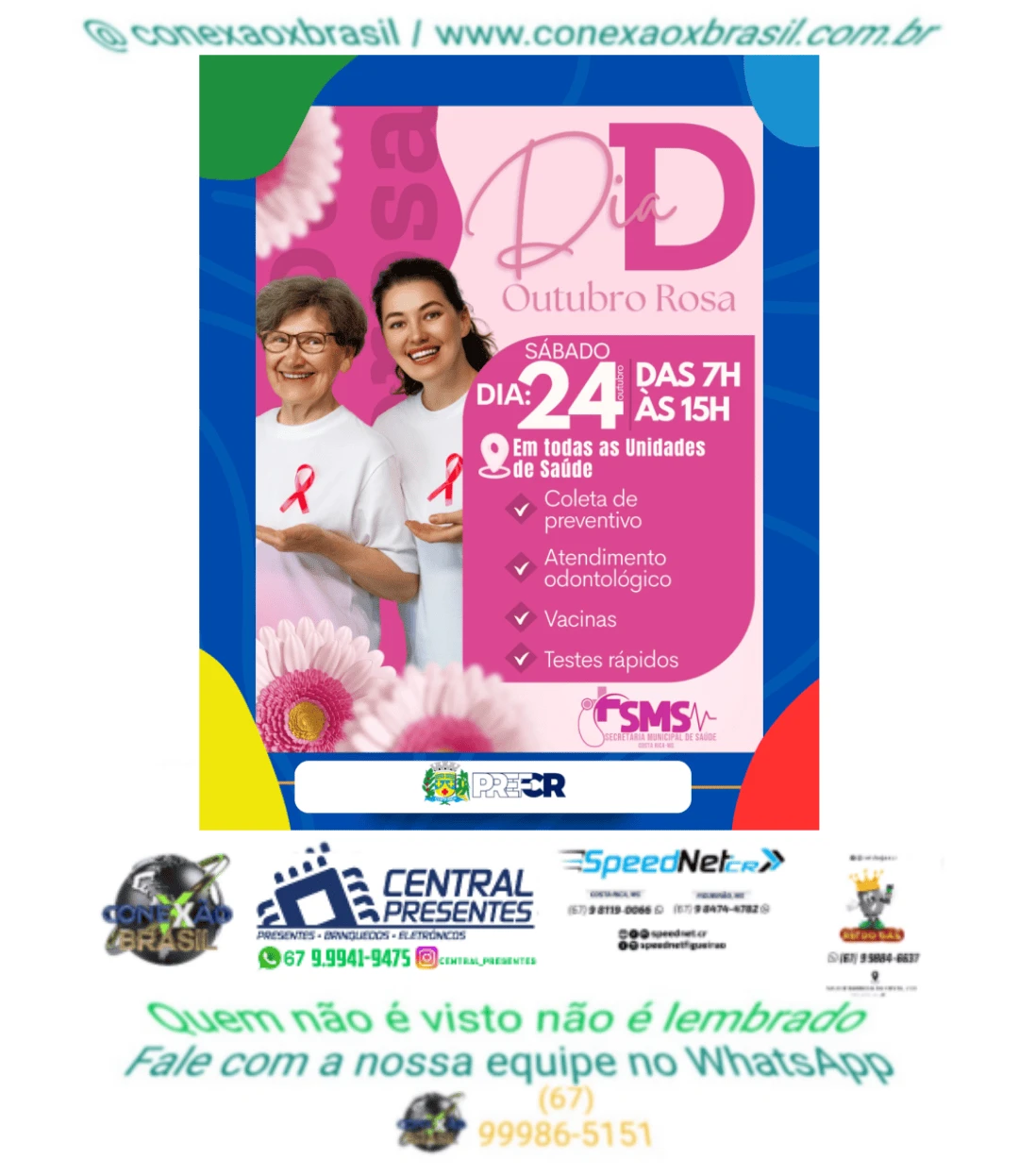 Costa Rica promove Dia D do Outubro Rosa neste sábado (24) com atendimentos em todas as Unidades de Saúde