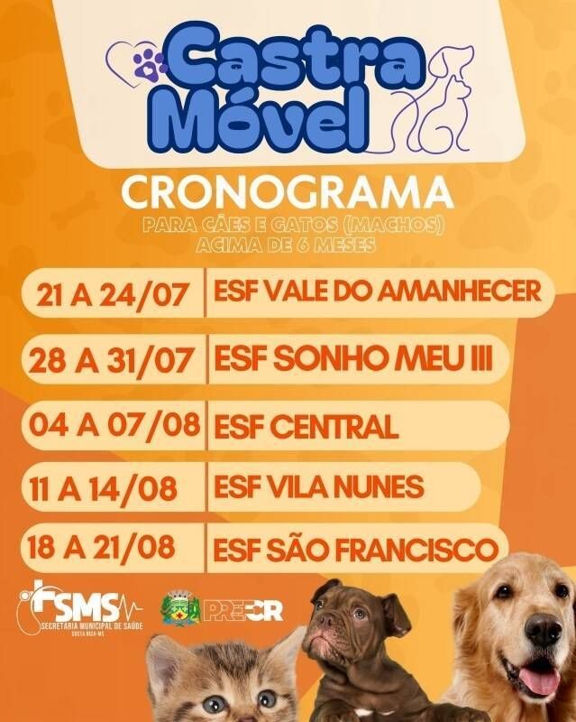 Saúde divulga Cronograma de Atendimentos do Castramóvel para julho e agosto em Costa Rica