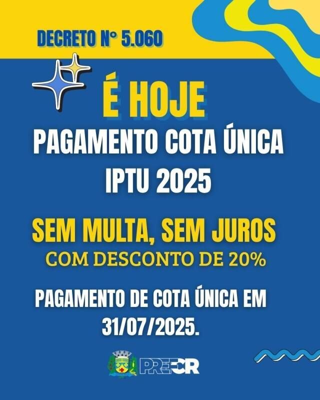 Último dia para pagar à vista o IPTU 2025 com desconto de 20% em Costa Rica