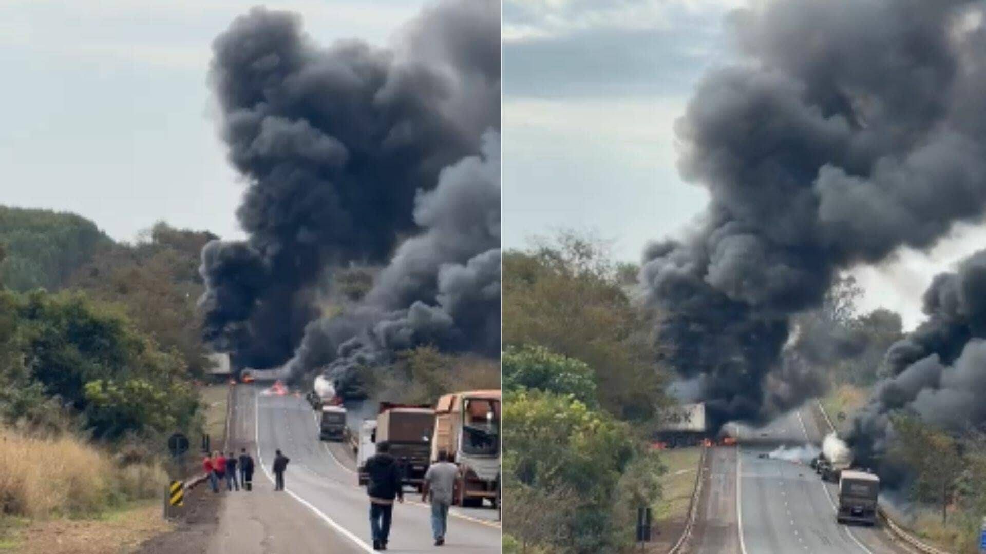 VÍDEO: Acidente com carreta termina com explosão e veículos queimados na BR-163