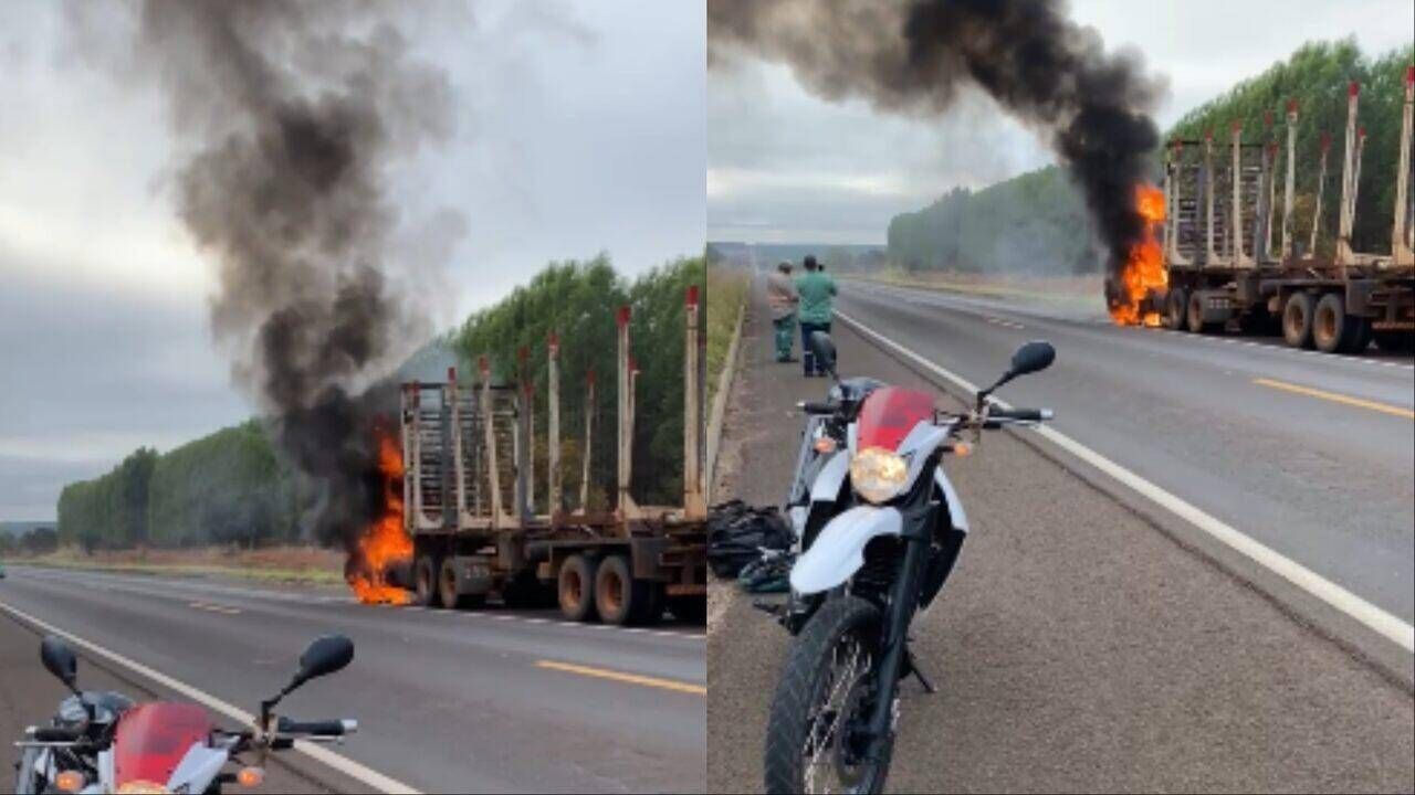 VÍDEO: Carreta pega fogo e motociclista salva caminhoneiro em Ribas do Rio Pardo